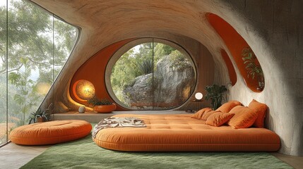 Obraz premium A modern bedroom with a large circular window overlooking a lush green forest, featuring an orange bed, a large round ottoman, and a green rug.