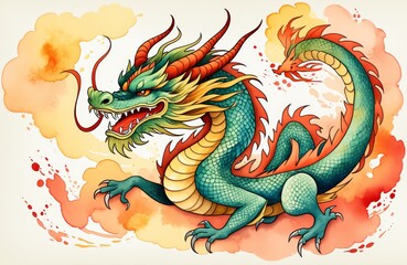 Vibrant eastern dragon illustration with fiery colors and dynamic energy