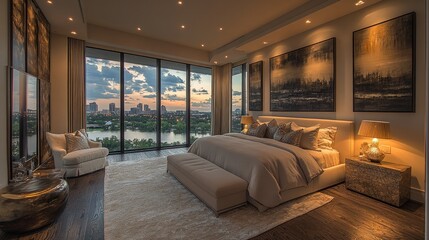 Modern Bedroom with City View and Abstract Artwork