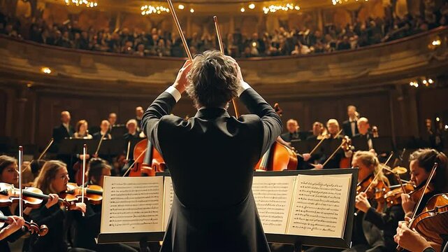 Cinematic back view of a conductor leading a symphony orchestra while violinists are playing