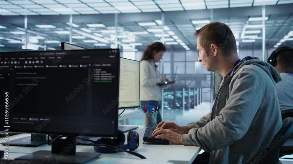 Poster it technician looking at pc screen, working in network security data center, ensuring optimal perfor
