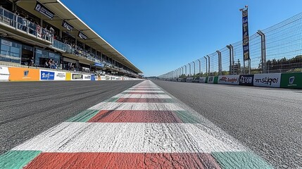 A long, straight stretch of race track with a checkered start/finish line in the foreground.