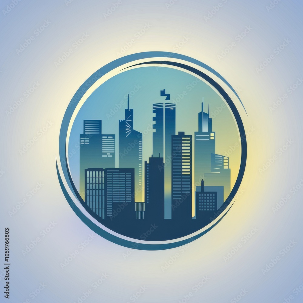 Poster stylized urban skyline with circular frame and subtle gradient background
