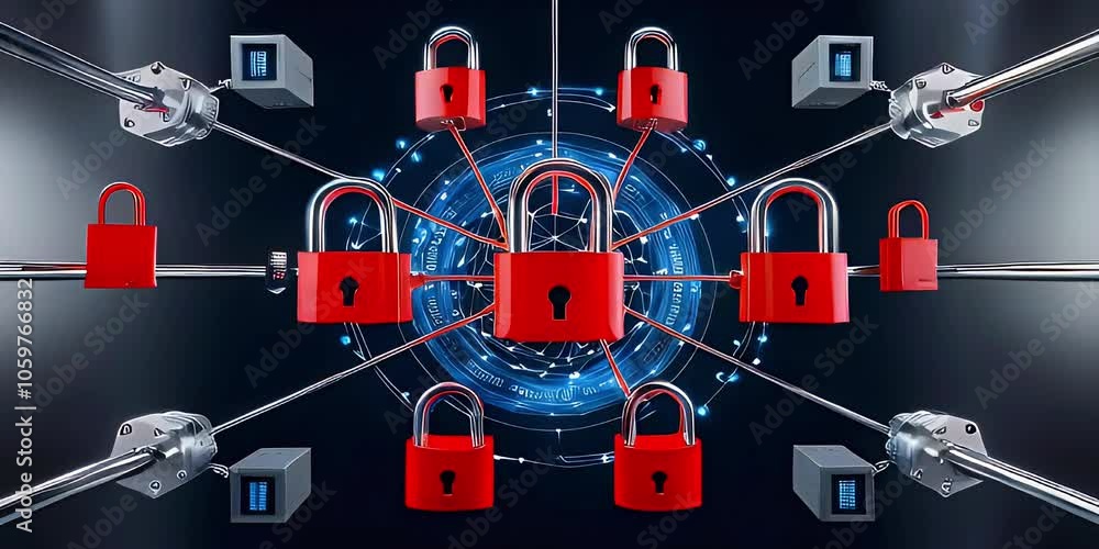 Poster nine red padlocks are connected by silver rods and arranged around a glowing blue circle, representi