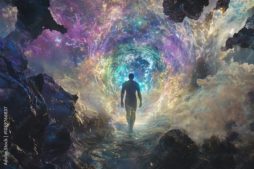 Poster a figure walks through a colorful tunnel of stars and cosmic clouds on a journey into the unknown un