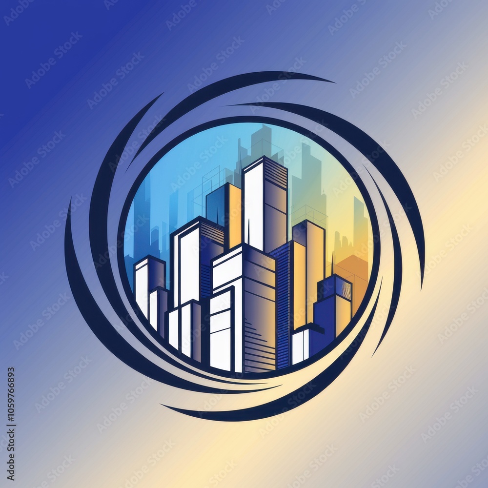 Poster abstract circular cityscape with swirling elements and gradient background