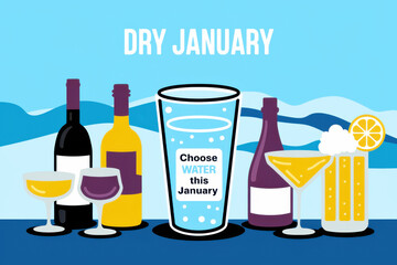 Illustrated Promotion for Dry January Emphasizing Water Over Alcoholic Beverages