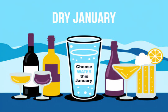 Illustrated Promotion for Dry January Emphasizing Water Over Alcoholic Beverages