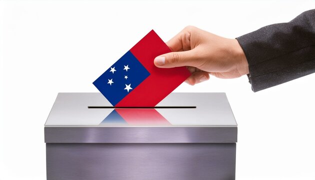 サモアの国旗の投票用紙を投票する手と投票箱。選挙。(Hand and ballot box voting a ballot paper with the Samoa flag on it. election.)
