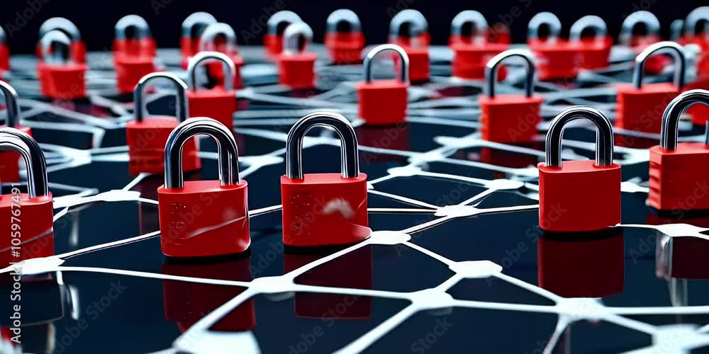 Poster red padlocks connected by a network of white lines on a dark blue surface, representing digital secu