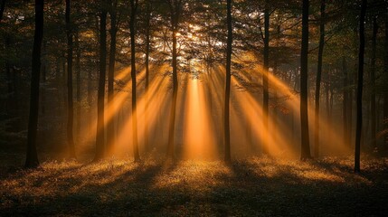 Fototapeta premium Sunbeams Piercing Through a Foggy Forest at Sunrise