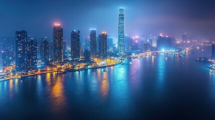 Obraz premium Nighttime View of Skyscrapers and a River in a City