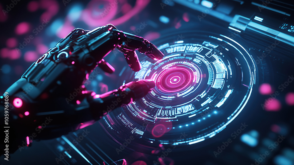 Poster abstract futuristic robot hand touching a digital holographic screen with circular high-tech element