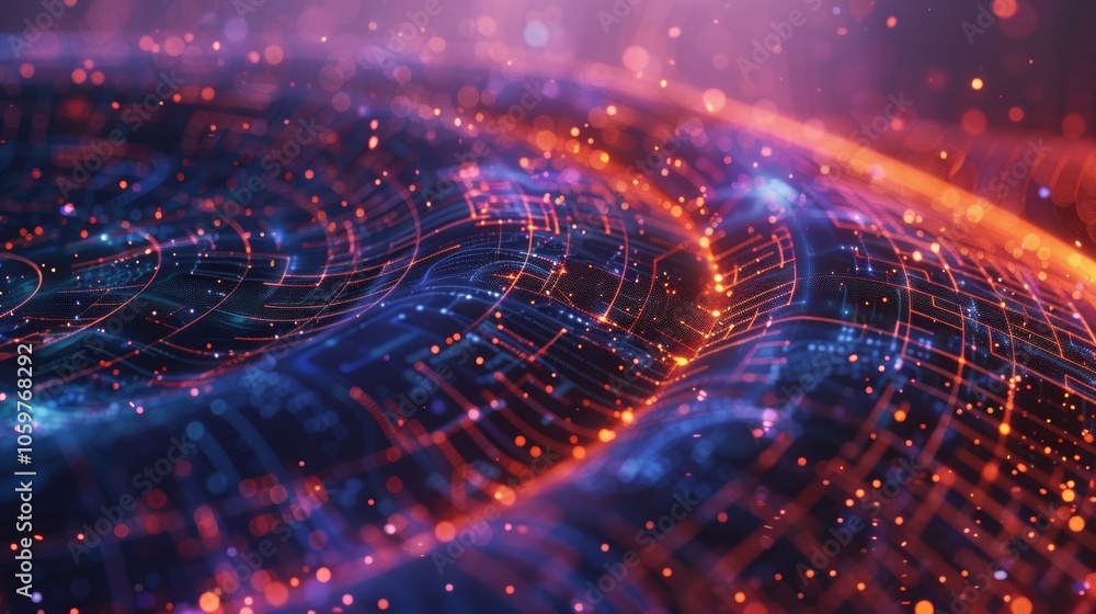 Poster complex network of interconnected nodes and circuits flowing like a digital wave, symbolizing advanc