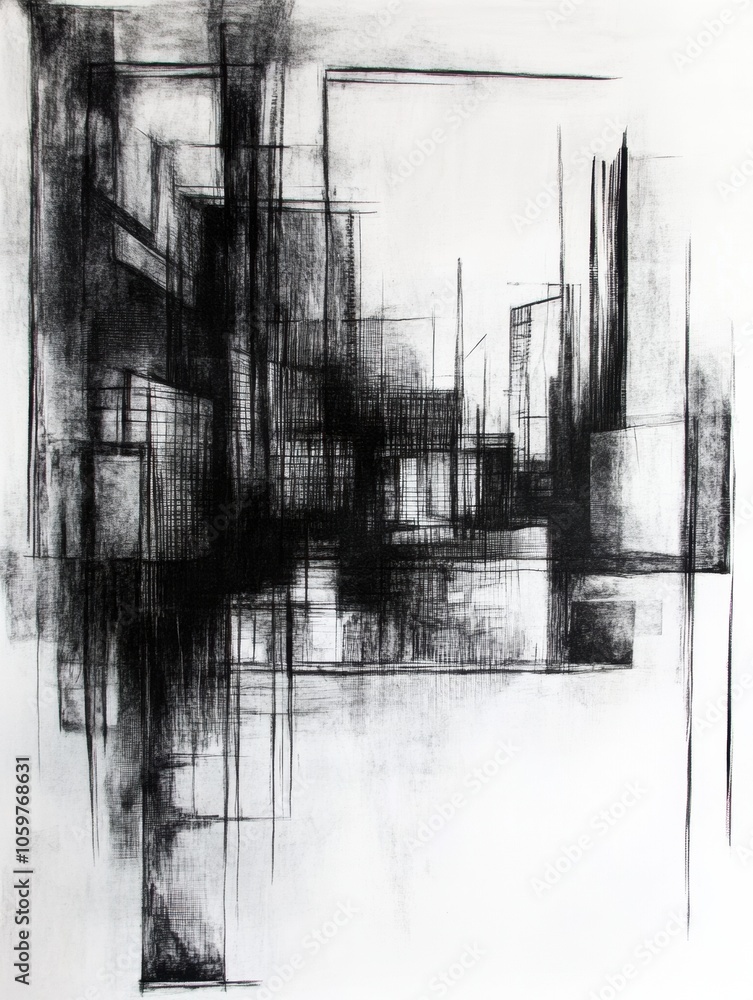Aufkleber dark ink strokes create an abstract representation of an urban landscape, featuring stark outlines a