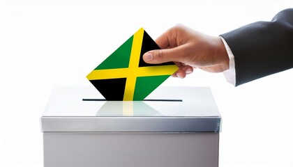 ジャマイカの国旗の投票用紙を投票する手と投票箱。選挙。(Hand and ballot box voting a ballot paper with the Jamaica flag on it. election.)

