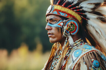 a Native American dancer in ceremonial regalia, performing at a powwow.