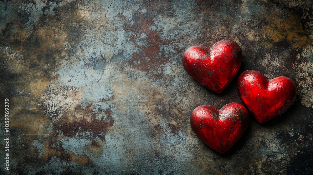 Poster three red hearts on a rustic background, top view with copy space.