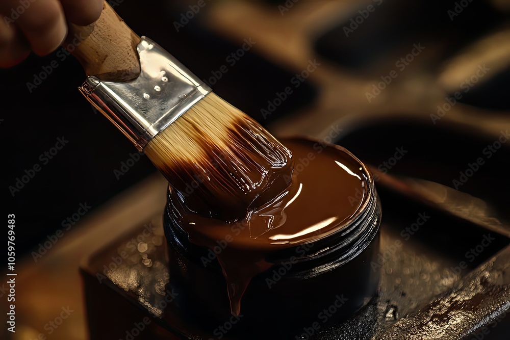Poster close-up of a paintbrush dipped in rich brown paint while preparing for an artistic project in a coz