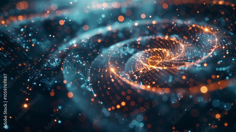 Poster golden spiral swirling through a network of glowing particles creating a mesmerizing visual effect, 