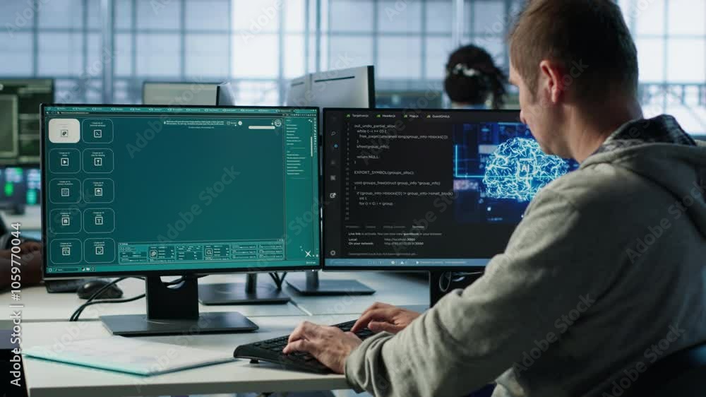 Poster engineer in server hub making ai software turning text prompt into photos. technician in data center