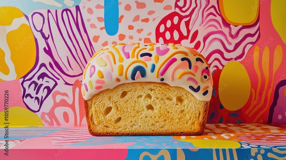Aufkleber a loaf of bread decorated with colorful icing and patterns against a vibrant abstract background.
