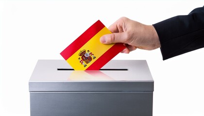 スペインの国旗の投票用紙を投票する手と投票箱。選挙。(Hand and ballot box voting a ballot paper with the Spain flag on it. election.)
