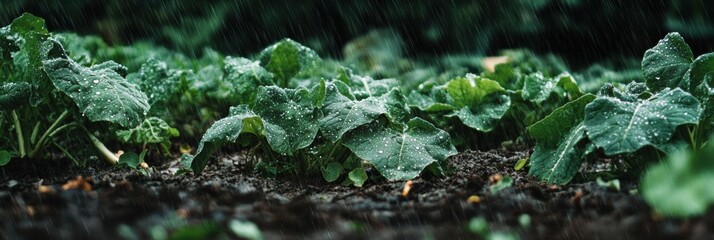Light rain nourishes a flourishing vegetable garden, as droplets cling to the rich, green leaves and soil below. Generative AI