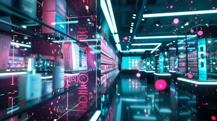 Fototapeta premium Futuristic retail store showcasing products on shelves with an augmented reality interface, creating an immersive shopping experience with neon lights and digital data points