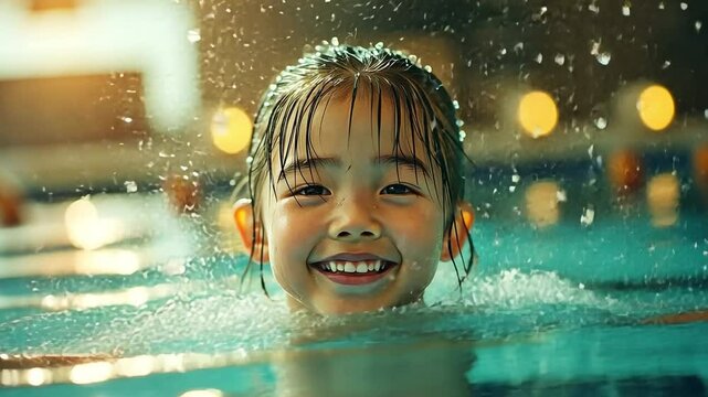 A lovely Asian girl and her father are having fun in the condo pool.