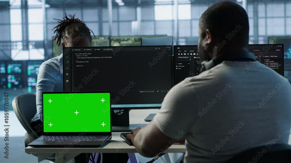Poster isolated screen laptop next to programmer coding in server farm while listening music in headphones.