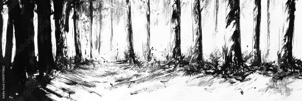 Poster The sketch captures a dense forest with intricate tree details and shadows, evoking a tranquil atmosphere in nature's embrace. Generative AI