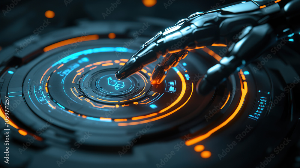 Poster abstract futuristic robot hand touching a digital holographic screen with circular high-tech element