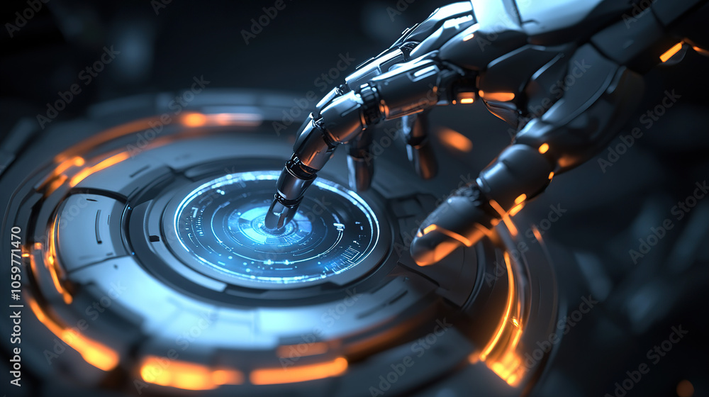 Poster abstract futuristic robot hand touching a digital holographic screen with circular high-tech element