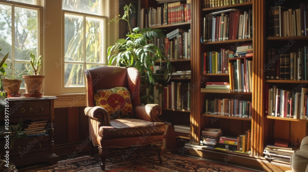 Aufkleber a bookshelf lines one side of the room filled with a collection of wellloved novels and writing refe