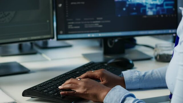 Data center admin using PC to find misconfigurations affecting rackmounts performance. Person checking servers bottlenecks leading to sluggish data transfer rates and malfunctions, camera A close up
