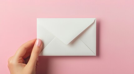 Fototapeta premium A hand is holding a simple white envelope against a soft pink background, creating a minimalist and modern aesthetic.