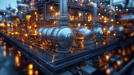 Industrial Machinery with Pipelines and Catwalks under Illuminating Lights