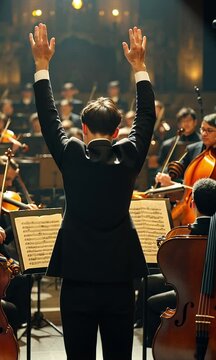 Cinematic back view of a conductor leading a symphony orchestra while violinists are playing