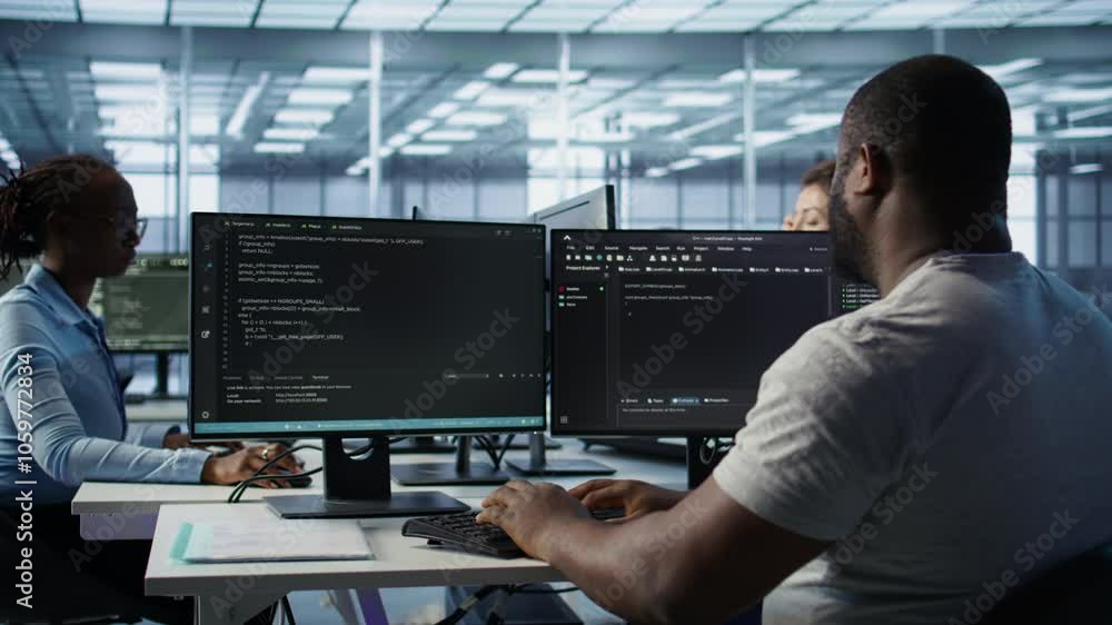 Poster admin in server hub tasked with protecting valuable data against hacking attack on computers. africa
