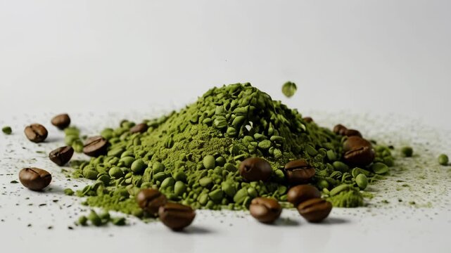 A vibrant pile of green matcha powder beside rich coffee beans on a clean white background