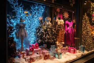 Festive window display showcasing Christmas decorations with twinkling lights, ornaments, and holiday cheer.