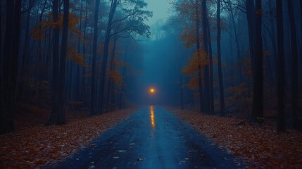 Obraz premium A misty road through a forest with a single light in the distance.
