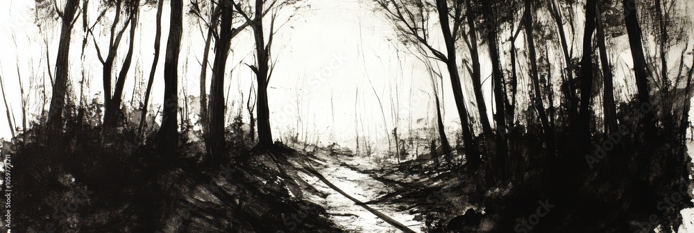 Aufkleber a captivating forest sketched in black ink, revealing intricate tree details and deep shadows, creat