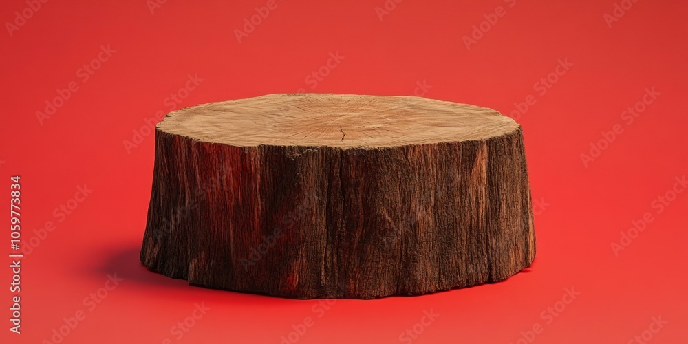 Poster tree stump on red background with shadows, showcasing texture and intricate wood patterns, minimalis