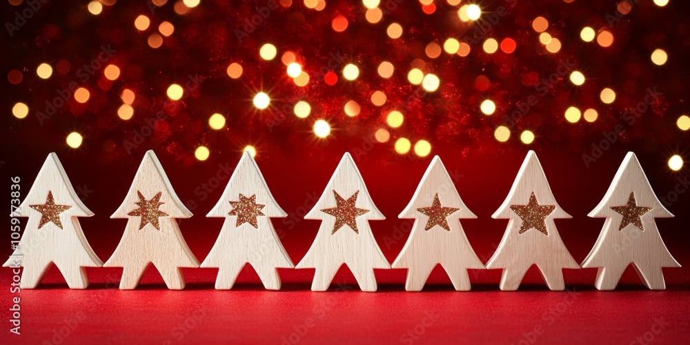 Aufkleber wooden christmas trees arranged against red backdrop, creating festive holiday display with rustic c