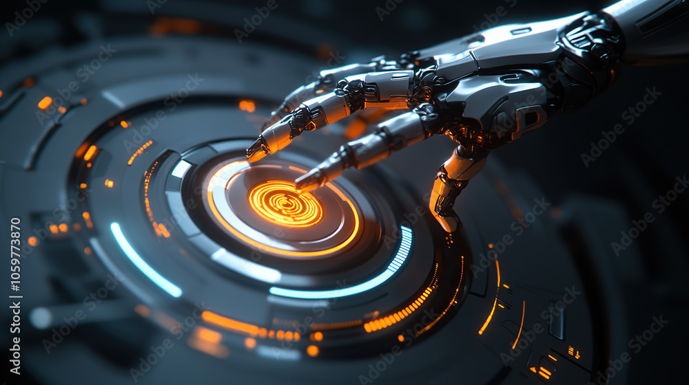 Poster abstract futuristic robot hand touching a digital holographic screen with circular high-tech element