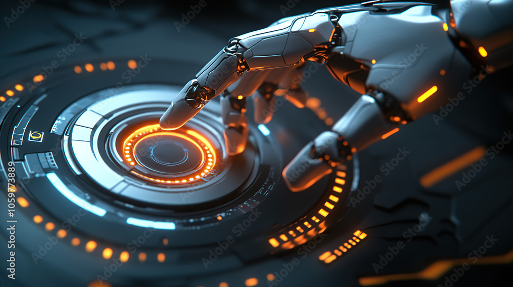 Poster abstract futuristic robot hand touching a digital holographic screen with circular high-tech element