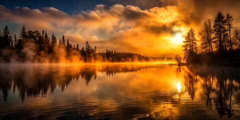 Fototapeta premium A golden sunrise paints the sky with fiery hues, casting a warm glow over the tranquil water as a gentle mist rises from the lake, mirroring the ethereal beauty of nature's canvas.