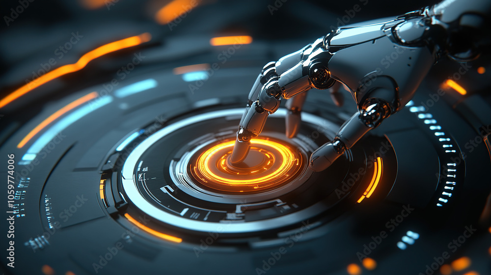 Poster abstract futuristic robot hand touching a digital holographic screen with circular high-tech element